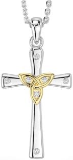 Diamond Gold Silver Celtic Cross Trinity Knot Necklace