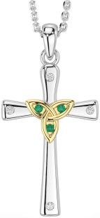 Diamond Emerald Gold Silver Celtic Cross Trinity Knot Necklace