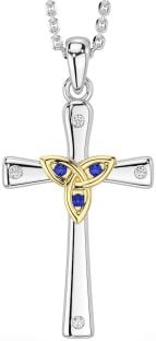 Diamond Sapphire Gold Silver Celtic Cross Trinity Knot Necklace