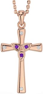 Diamond Amethyst Rose Gold Silver Celtic Cross Trinity Knot Necklace