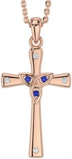 Diamond Sapphire Rose Gold Silver Celtic Cross Trinity Knot Necklace