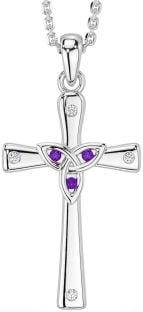 Diamond Amethyst White Gold Celtic Cross Trinity Knot Necklace