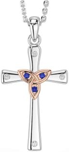 Diamond Sapphire White Rose Gold Celtic Cross Trinity Knot Necklace