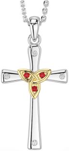 Diamond Ruby White Yellow Gold Celtic Cross Trinity Knot Necklace