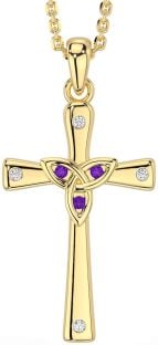 Diamond Amethyst Gold Celtic Cross Trinity Knot Necklace