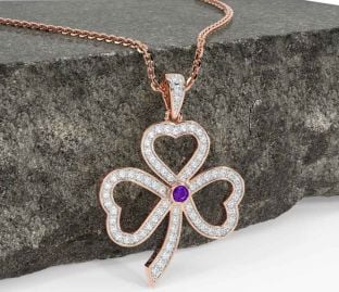 Diamond Amethyst Rose Gold Silver Shamrock Necklace