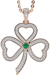 Diamond Emerald Rose Gold Silver Shamrock Necklace