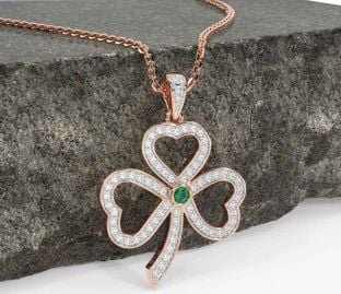 Diamond Emerald Rose Gold Silver Shamrock Necklace