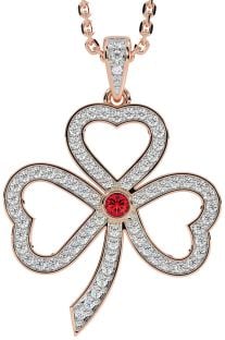 Diamond Ruby Rose Gold Silver Shamrock Necklace