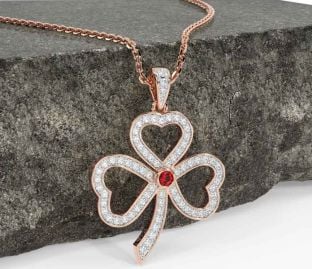 Diamond Ruby Rose Gold Shamrock Necklace