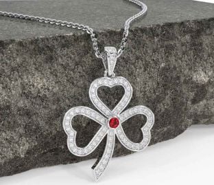 Diamond Ruby White Gold Shamrock Necklace
