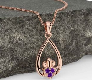Amethyst Rose Gold Silver Claddagh Necklace