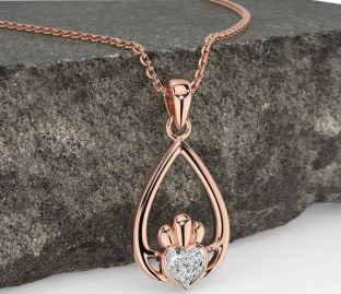 Diamond Rose Gold Silver Claddagh Necklace