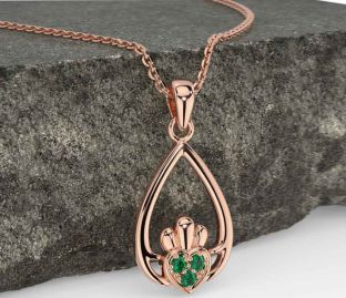 Emerald Rose Gold Silver Claddagh Necklace