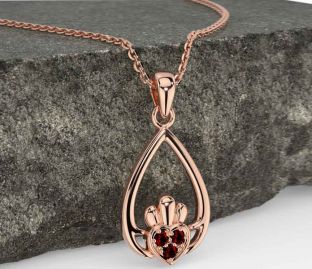 Garnet Rose Gold Silver Claddagh Necklace