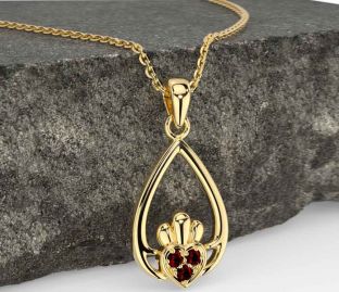 Garnet Gold Silver Claddagh Necklace