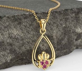 Pink Tourmaline Gold Claddagh Necklace