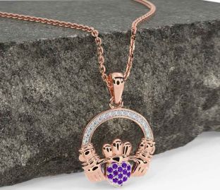 Diamond Amethyst Rose Gold Silver Claddagh Necklace