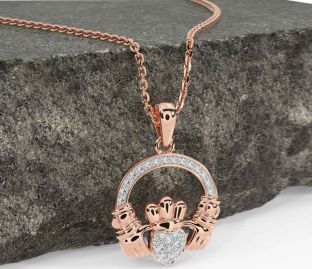 Diamond Rose Gold Silver Claddagh Necklace
