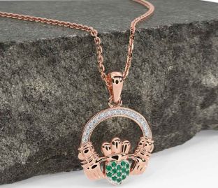 Diamond Emerald Rose Gold Silver Claddagh Necklace