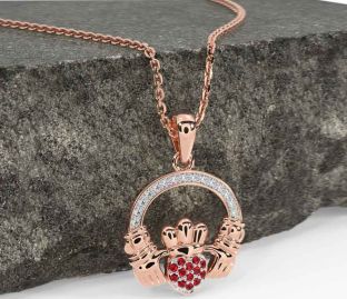 Diamond Ruby Rose Gold Silver Claddagh Necklace