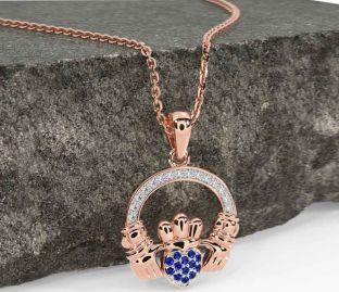 Diamond Sapphire Rose Gold Silver Claddagh Necklace