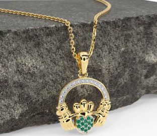 Diamond Emerald Gold Silver Claddagh Necklace