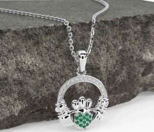 Diamond Emerald Silver Claddagh Necklace