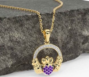 Diamond Amethyst Gold Claddagh Necklace