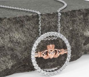 Diamond Rose Gold Silver Claddagh Necklace