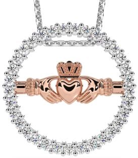 Diamond Rose Gold Silver Claddagh Necklace