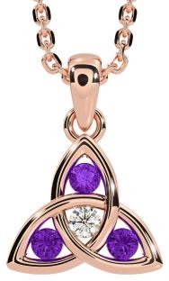 Diamond Amethyst Rose Gold Silver Celtic Trinity Knot Necklace