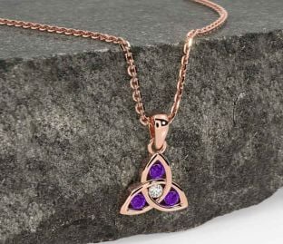 Diamond Amethyst Rose Gold Silver Celtic Trinity Knot Necklace