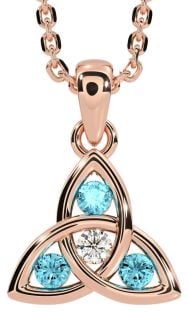 Diamond Aquamarine Rose Gold Silver Celtic Trinity Knot Necklace