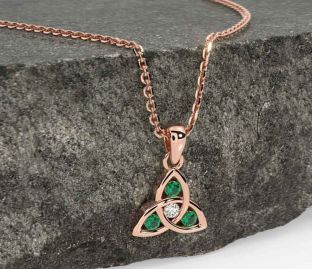 Diamond Emerald Rose Gold Silver Celtic Trinity Knot Necklace