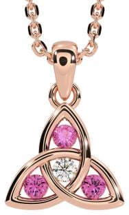 Diamond Pink Tourmaline Rose Gold Silver Celtic Trinity Knot Necklace