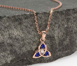 Diamond Sapphire Rose Gold Silver Celtic Trinity Knot Necklace