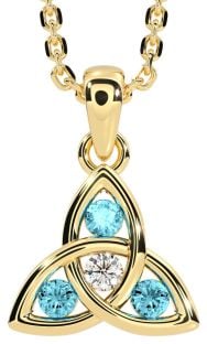 Diamond Aquamarine Gold Silver Celtic Trinity Knot Necklace