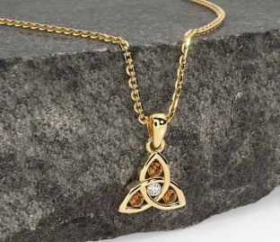 Diamond Citrine Gold Silver Celtic Trinity Knot Necklace