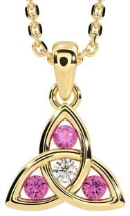Diamond Pink Tourmaline Gold Silver Celtic Trinity Knot Necklace