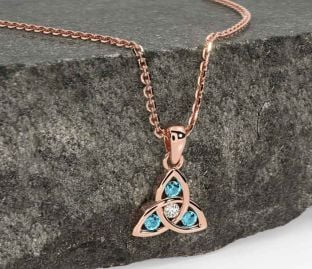 Diamond Aquamarine Rose Gold Celtic Trinity Knot Necklace