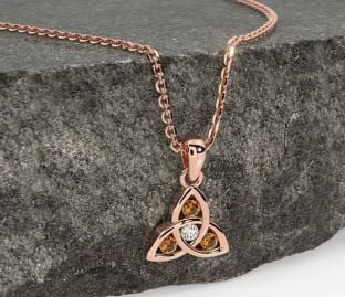 Diamond Citrine Rose Gold Celtic Trinity Knot Necklace