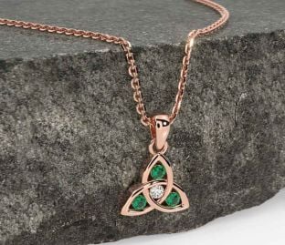 Diamond Emerald Rose Gold Celtic Trinity Knot Necklace