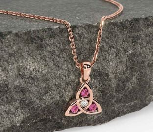Diamond Pink Tourmaline Rose Gold Celtic Trinity Knot Necklace
