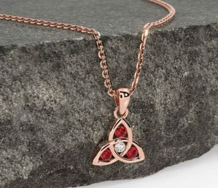 Diamond Ruby Rose Gold Celtic Trinity Knot Necklace