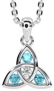 Diamond Aquamarine Silver Celtic Trinity Knot Necklace