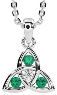 Diamond Emerald Silver Celtic Trinity Knot Necklace