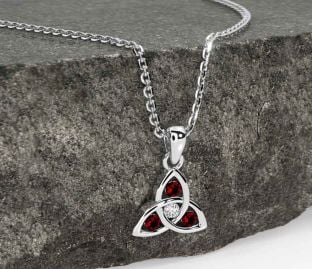 Diamond Garnet Silver Celtic Trinity Knot Necklace