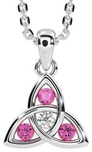 Diamond Pink Tourmaline Silver Celtic Trinity Knot Necklace