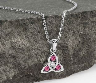 Diamond Pink Tourmaline Silver Celtic Trinity Knot Necklace